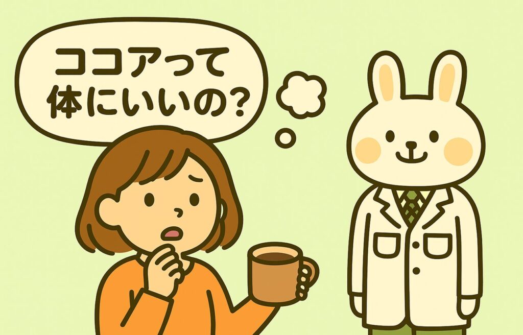 オレンジの服を着た女の子「すずちゃん」がココアの入ったマグカップを手にし、「ココアって体にいいの？」と疑問を浮かべている。その隣で、白衣を着たうさぎのキャラクター「みどりん」がやさしく見守っている構図。背景は明るい緑色。